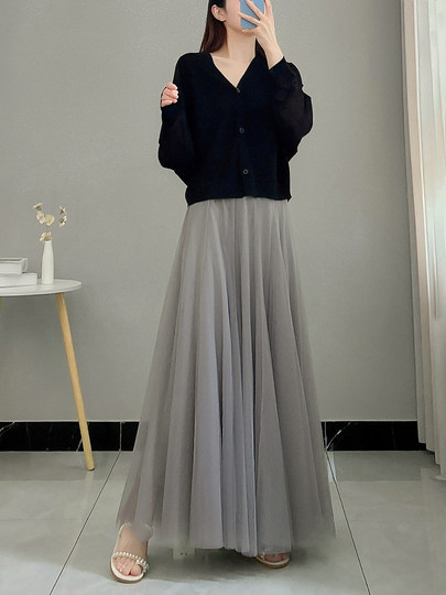 White Gauze Skirt, Women's Summer High-Waisted Design, Drapey Mesh A-Line Skirt, Super Fairy-Like, Puffy, Long Skirt