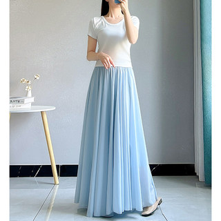 Gentle Style Blue Chiffon Skirt for Women Summer Elastic Waist Asymmetrical Large Hem Long Skirt Super Fairy Draped Umbrella Skirt