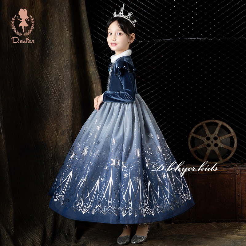 Hi! Fish Original Girls' Elsa Princess Dress, Autumn Children's Long-Sleeved Dress, Genuine Elsa Dress