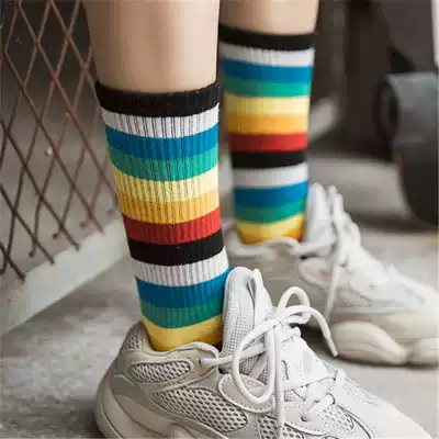 Spring and autumn new rainbow socks women's trend color mid-tube cotton stripes women's cotton socks Korean ins bubble socks