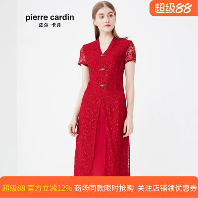 Pierre Cardin women's summer new red short-sleeved V-neck dress, festive wedding dress for grandmothers
