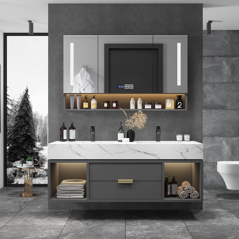 Light Extravagant Rock Board Integrated Basin Bath Cabinet Composition Solid Wood Handwashing Washbasin Wash Table Basin Intellectualized Makeup Room Hanger
