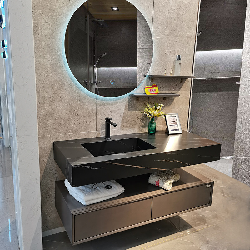 Light luxury lake bathroom cabinet combined with modern handwashing table smart circle mirror cosmetic washing room