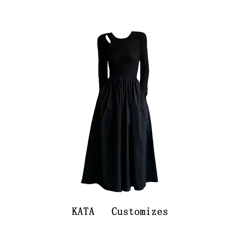 Black Cut-Out Knit Long-Sleeve Dress for Women, Autumn 2023 New Design, Niche Style, Elegant, Slim-Fitting Long Dress