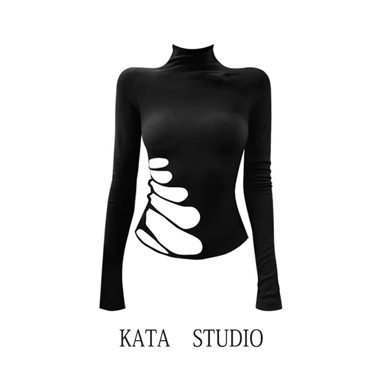 American-Style Spicy Girl Hollow-Out High-Neck Black Long-Sleeve T-Shirt for Women, Autumn and Winter Design, Slim Fit, Flattering Inner Layer Top
