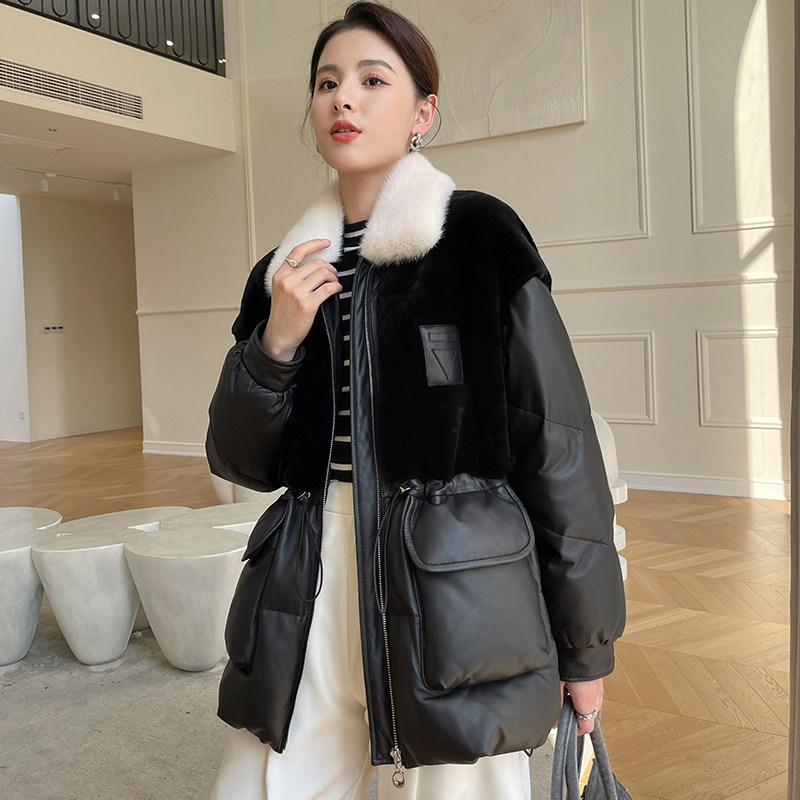 Real leather down jacket woman medium long version coat 2021 winter new fur integrated ferret fur collar large size sheep leather clothing