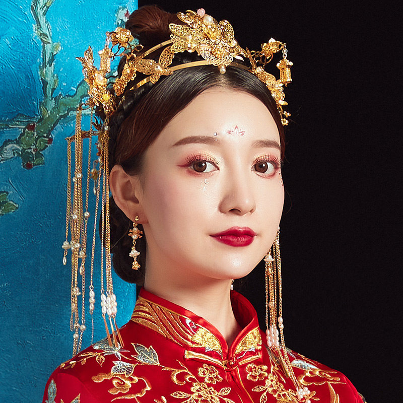 Xiuhe clothing headdress bride new wedding Chinese style phoenix crown wedding Dragon Phoenix hanging atmosphere round crown Xiuhe Xiu and 2021