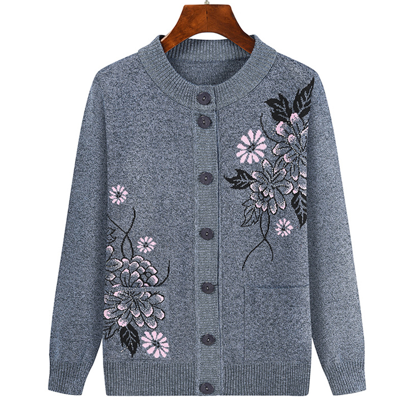 Middle-Aged and Elderly Cardigan, Long-Sleeved Spring and Autumn Clothing for the Elderly, Mother's Sweater Coat, Knitted Wool Sweater, 60-Year-Old Grandma's Plus-Size Women's Clothing