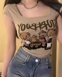 Осенняя мультяшная милая футболка, майка топ, в американском стиле, облегающий крой, 2023, в корейском стиле, по фигуре