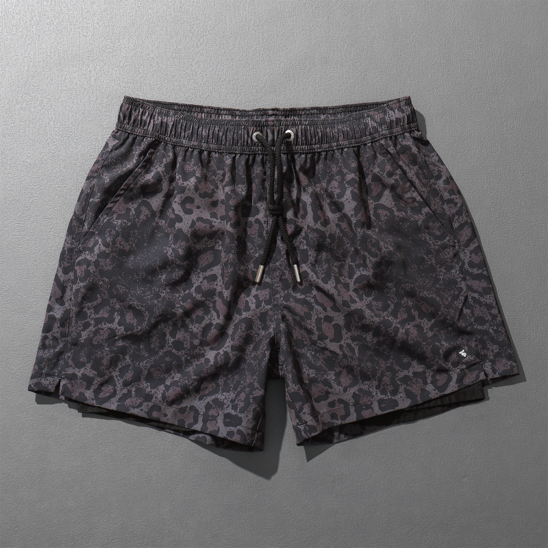 Men's Sports Double-Layer Shorts for Fitness and Swimming, American Fashion Leopard Print Quarter-Length Shorts, Quick-Drying, Suitable for Water, Large Size Underpants