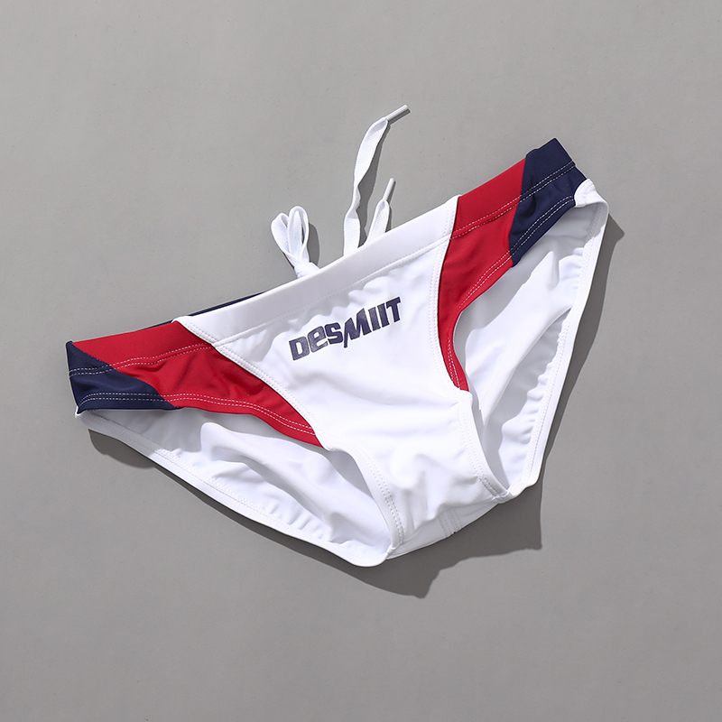 Men's Swim Trunks, Triangle Style, Fashionable Color-Blocking, Suitable for Beach and Pool, with Drainage Line, Drawstring, Quick-Drying, Lined, Tight-Fitting Swim Trunks