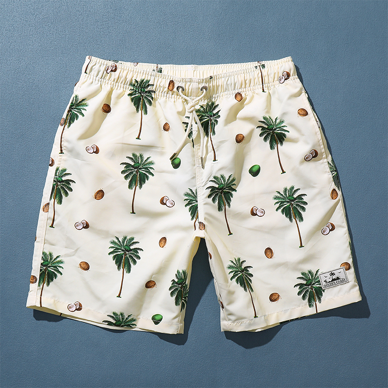 Men's Beach Shorts for the Seaside, Vacation-Style Coconut Tree Print Loose-Fitting Five-Point Shorts, Suitable for Swimming, Quick-Drying Shorts