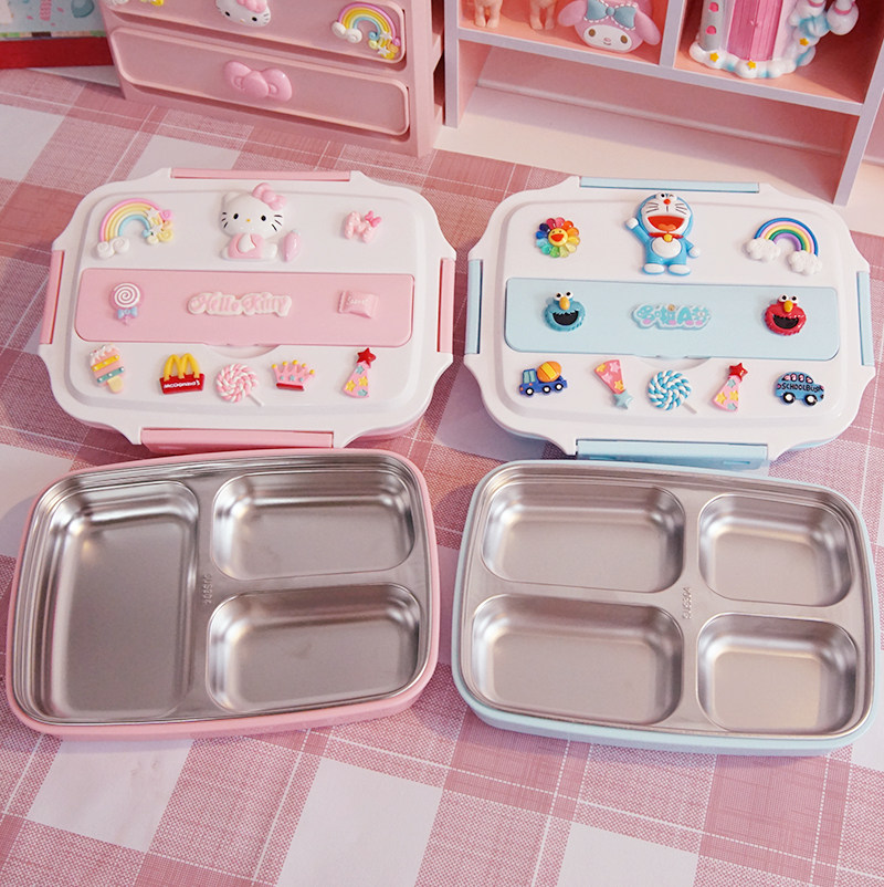 Cute KT Cartoon 304 Stainless Steel Lunch Box Teen Heart Students Children's Canteen Sub-Meal Cartridges Lid Lunch Box