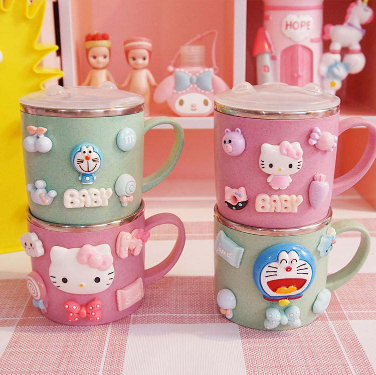 Cute KT bites stainless steel children's water glasses anti-fall home schoolboy baby kindergarten drinking water cups with lid