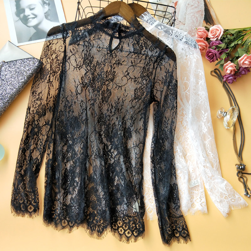 High-end custom spring new Korean stand collar high collar see-through eyelashes lace long-sleeved bottoming shirt for women