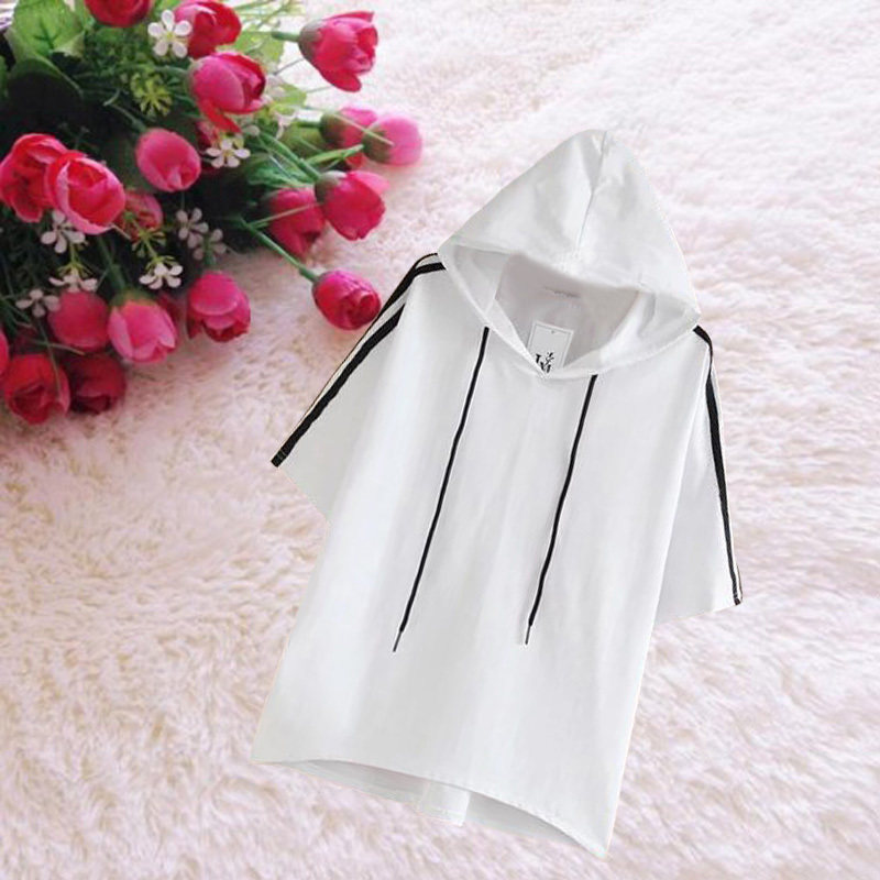 Bat sleeve large size sweater summer Korean version of pure cotton two bars irregular casual hooded T-shirt women's middle sleeve loose