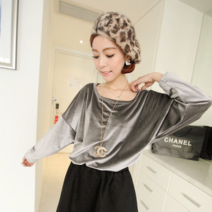 European and American loose gold velvet round neck solid color new spring thin coat women's pullover bat sleeve bottoming shirt t shirt