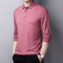 Spring long-sleeved T-shirt mens fashion slim solid color business casual top Mulberry silk high-end mens polo shirt