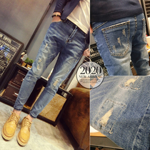 2021 new jeans mens fashion brand slim small feet Korean version of the trend of all-match mens perforated nine-point pants spring and autumn models