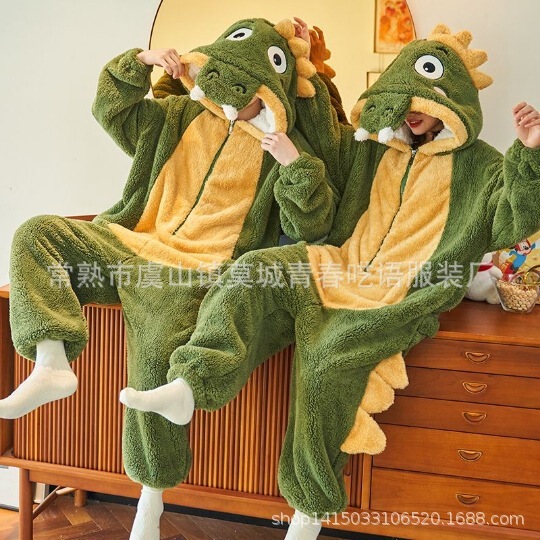Crocodile Cartoon One-Piece Pajamas for Couples, Autumn and Winter Coral Fleece Thickened Men's Loungewear, Cute Dinosaur Performance for Girls