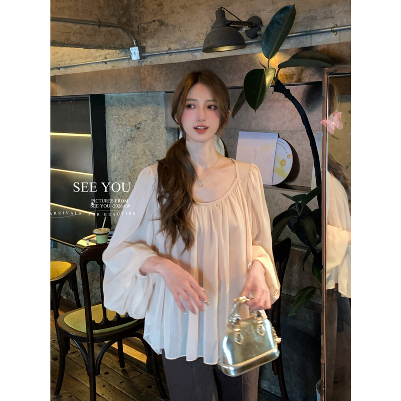 See You - Reversible Ultra-Stylish Hollow-Out Lace Large Neckline Ruched Loose Chiffon Blouse 26367m