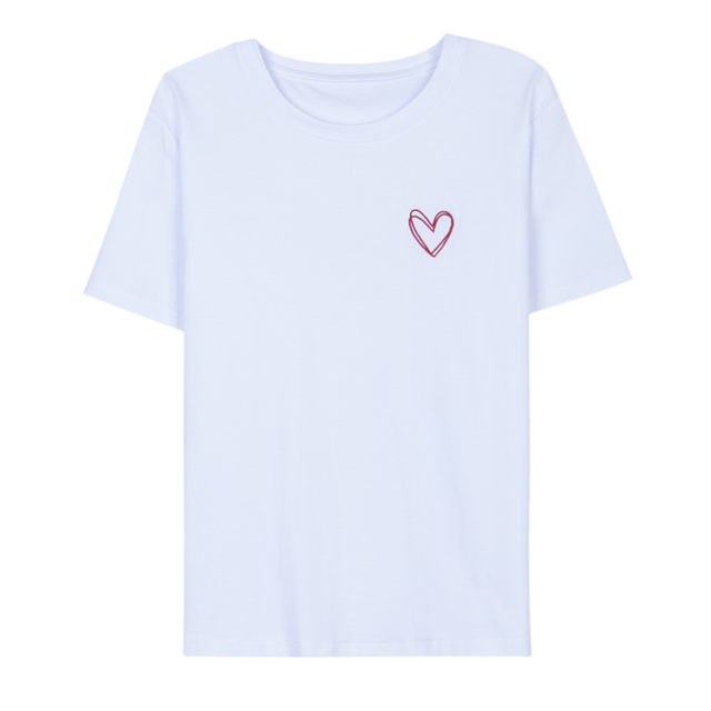 ເສື້ອຍືດແຂນສັ້ນ Huinute ຄໍເຕົ້າໄຂ່ທີ່ວ່າງຂອງແມ່ຍິງ trendy summer embroidered love T-shirt mercerized cotton half-sleeved top