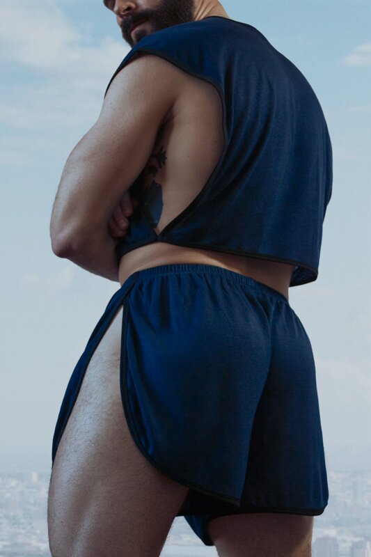【Yuding】Men's Sleeveless Short-Sleeve Top T-Shirt/Jogging Shorts Lyocell Wool Blend Navy Blue