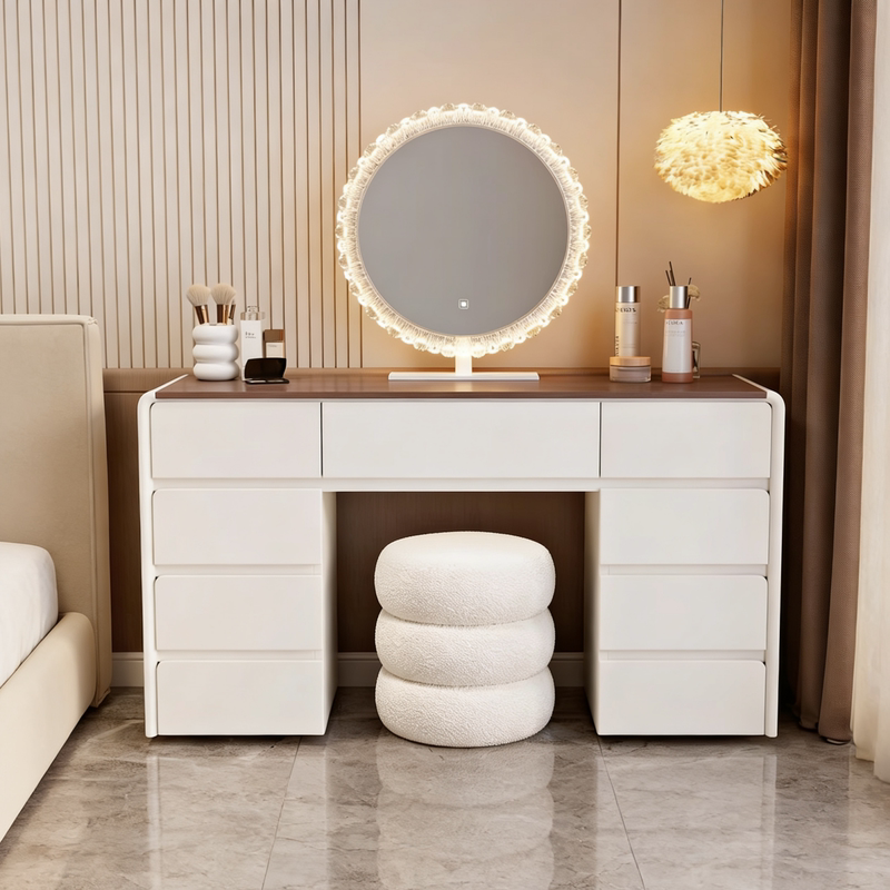 Solid Wood Dressing Table, Bedroom, Modern and Simple, Mid-Century Cream Style Desk, Computer Desk, Two-In-One Storage Cabinet