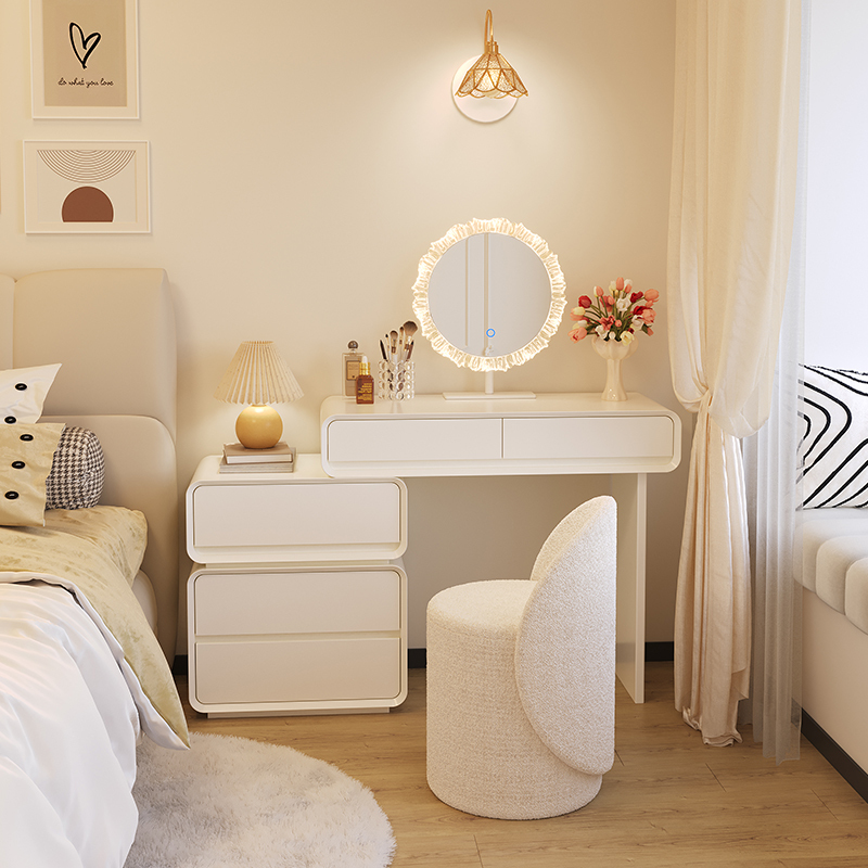 Solid Wood Lacquered Dressing Table for Bedroom, Modern Simple Cream Style, High-End Feel, Small Apartment Makeup Desk with Integrated Storage Cabinet Solid Wood Lacquered Dressing Table for Bedroom, Modern Simple Cream Style, High-End Feel, Small Apartment Makeup Desk with Integrated Storage Cabinet