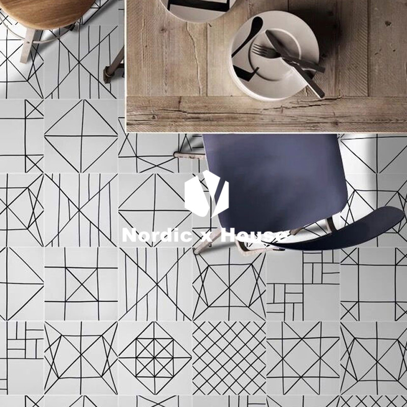 Nordic modern minimalist black and white flower brick 200 geometric lines Kitchen Wall Brick Make-up Room Floor Tiles Retro Tile 300