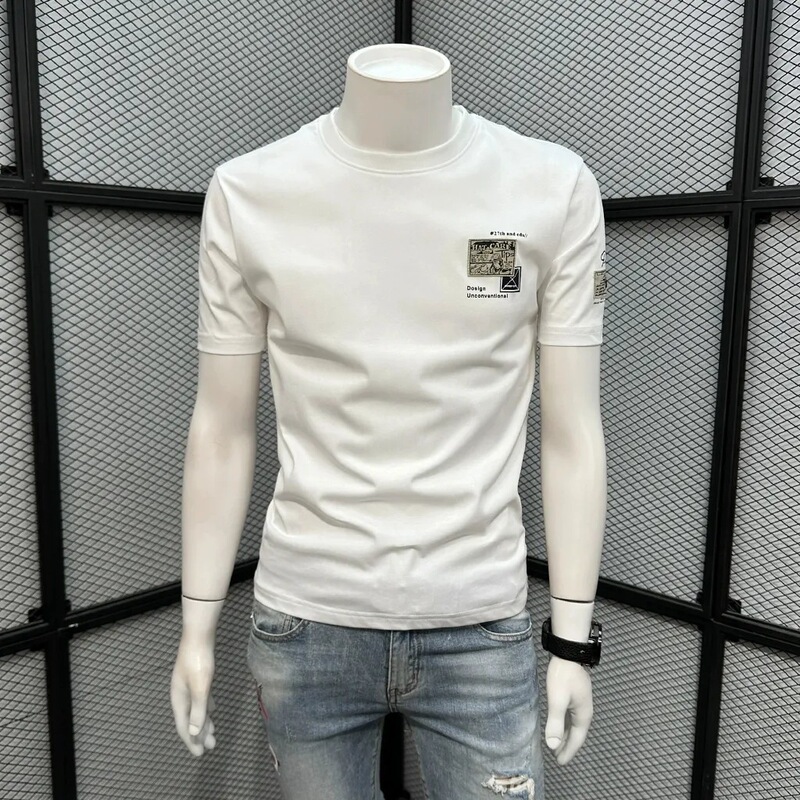 Korean Style Slim-Fit Short-Sleeve Men's Round-Neck T-Shirt Base Layer 2026 Summer New Trendy White Ice Silk Top H