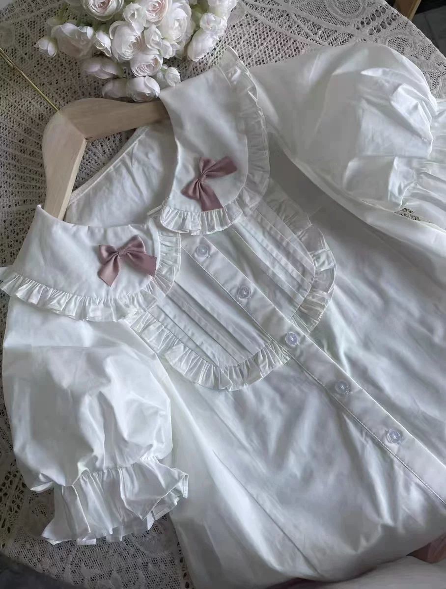Плюшивая кукла, хлопковая милая белая рубашка с бантом, стиль лолита, воротник куклы, puff рукава, для подростков