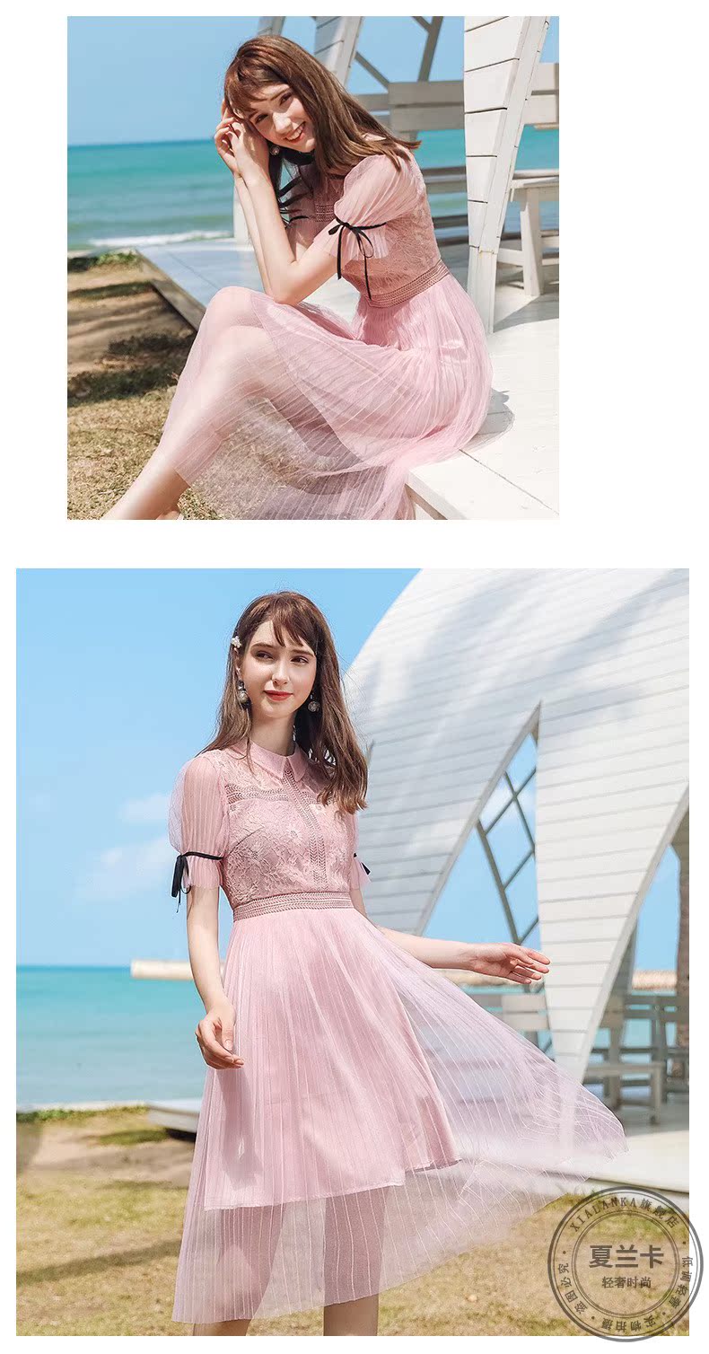XIALANKA2019 mùa hè mới của phụ nữ màu rắn rỗng eo một từ váy váy khí chất nữ ren - A-Line Váy đầm ngắn xòe