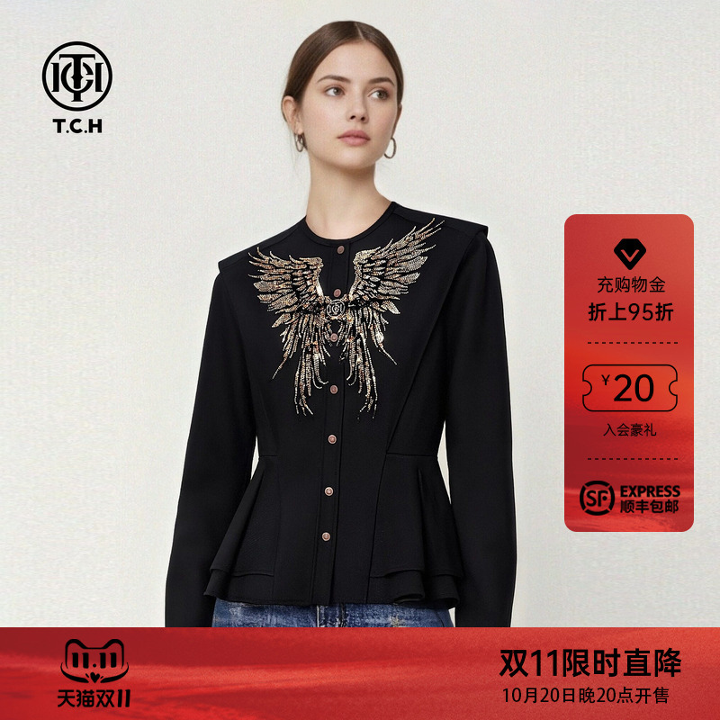 Tch Hot-Stone Angel Wings Black Elegant Waist-Cinching Slim-Fit Long-Sleeve Shirt Top for Women T78A13E1017