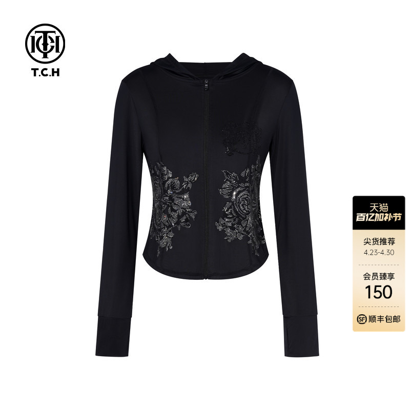 Tch New Chinese Style Series Floral Rhinestone Hooded Sun Protection Shirt T72B27E9035