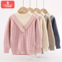 Childrens mink wool clothes spring autumn men and women CUHK childrens fake two splicing thickened needle weaters V collar in the middle of the collar