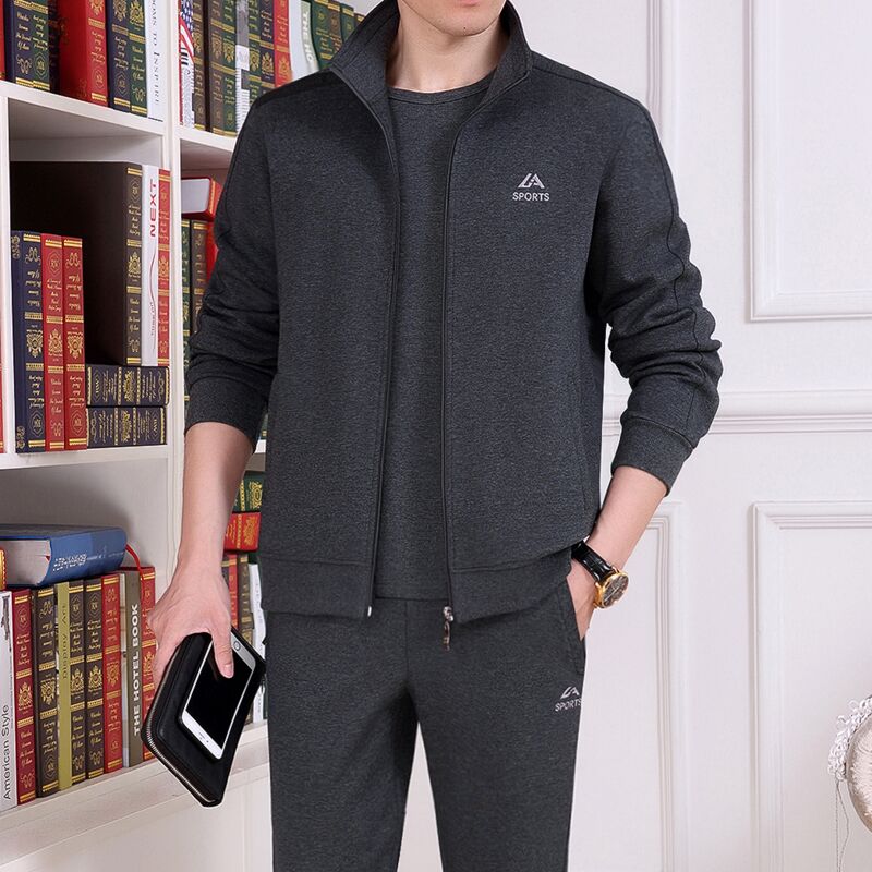 2021 new men's sports suit autumn and winter dad outfit velvet thickened leisure three-piece set of middle-aged jacket