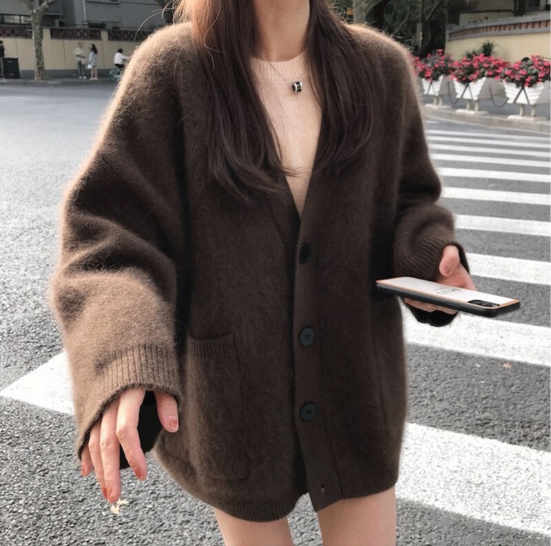 Heavyweight Lazy Style~ Women's Cashmere Cardigan V-Neck Mid-Length Loose Thick Oversized Knit Sweater Coat for Autumn and Winter