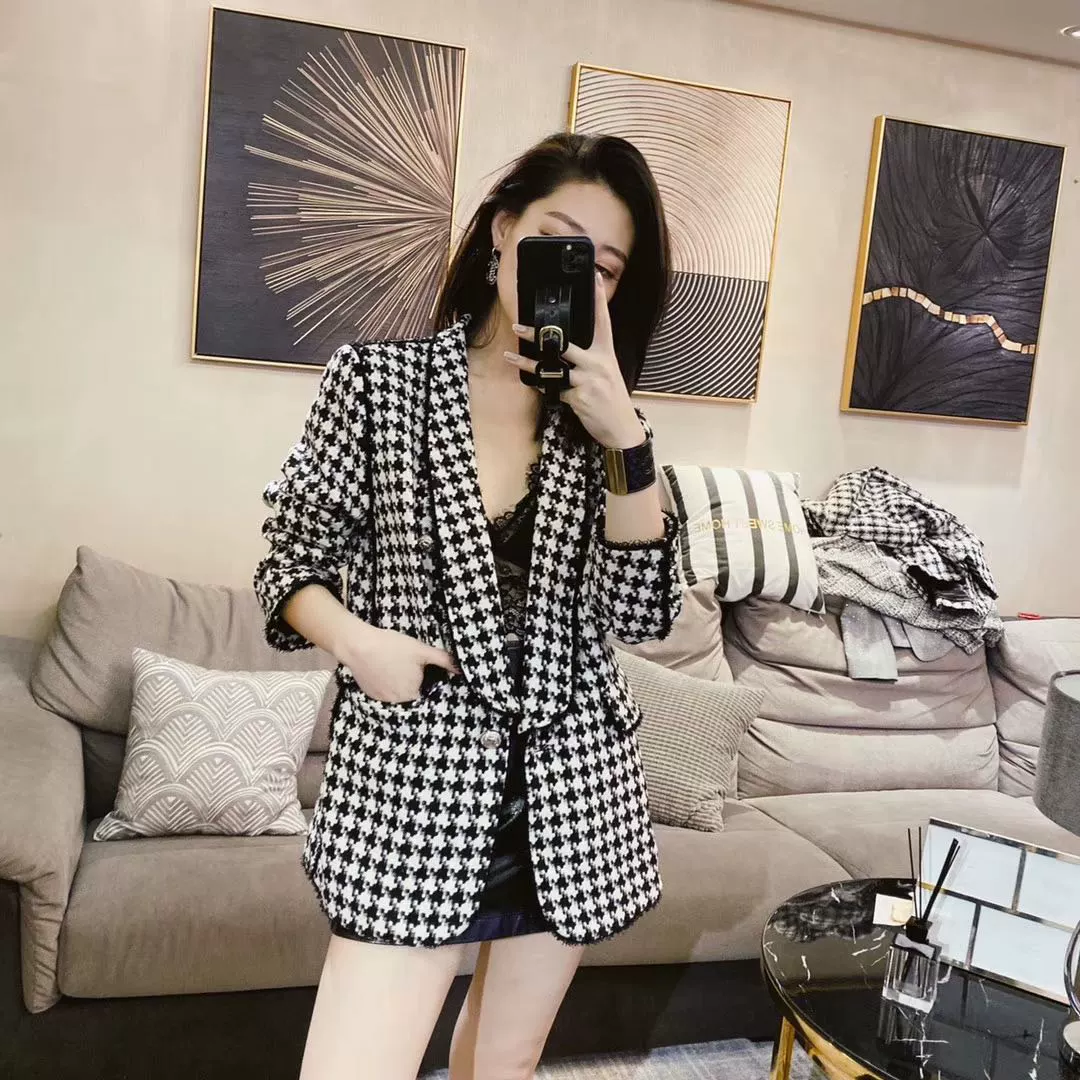 Hàng hóa châu Âu Trạm châu Âu 2020 mùa xuân và mùa hè mới của phụ nữ thời trang houndstooth retro phù hợp với khí chất mỏng - Business Suit