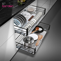 Italian pull basket kitchen cabinet stainless steel bowl basket drawer type Bowl rack double cushion dish basket storage rack