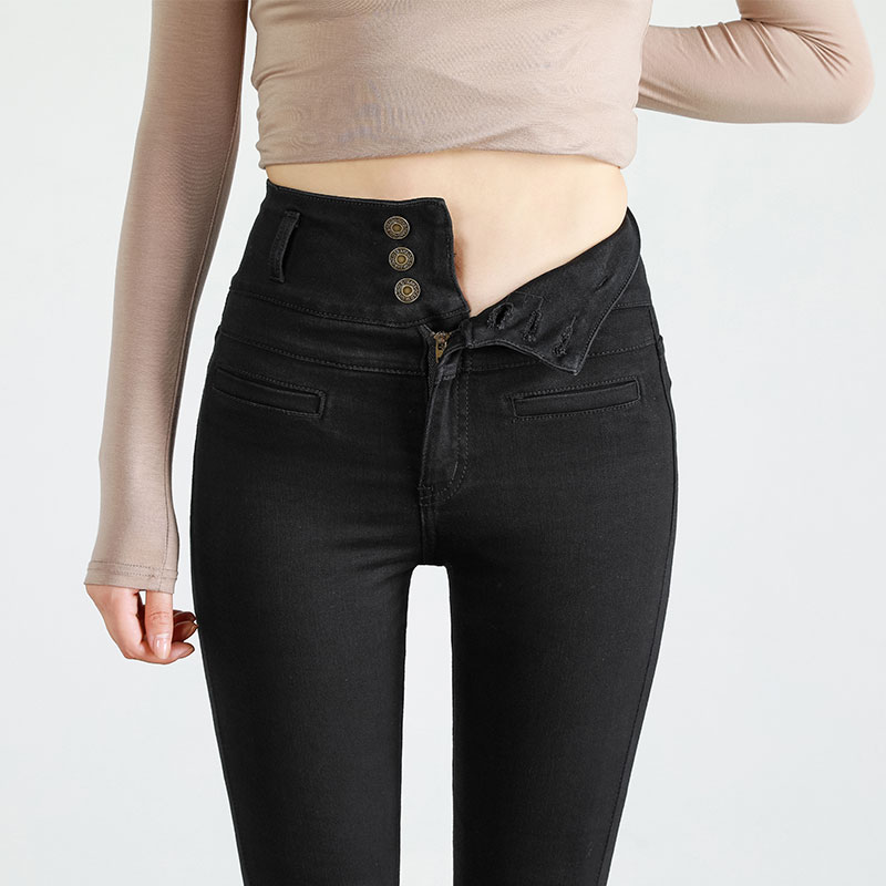 Black Jeans Woman Ultra High Waist Close-up Belly Small Feet 2021 Autumn Winter New Gafu With Slim Stretch Pencil