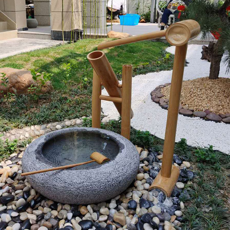 Sun Style Stone Bowl Courtyard Water View Outdoor Flower Pot Stone Bonsai View Deer Bamboo Flowing Water Stone Water Tank Stone Jar Water Bowl