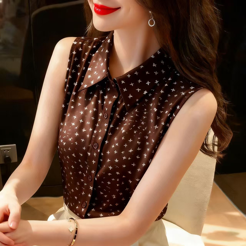 New Coffee-Colored High-End Resort-Style Coffee-Colored Printed Shirt Sleeveless Lapel Cardigan Top Women's Shirt