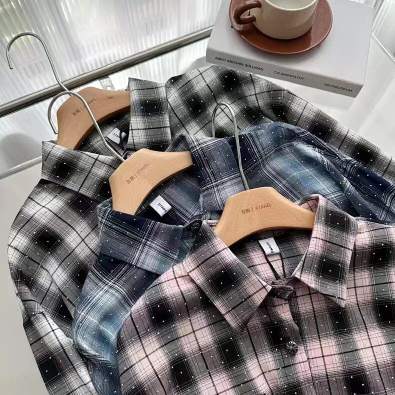 Rhinestone Black and Pink Plaid Shirt for Women, Spring and Autumn, Hot-Drilled Rhinestones, Shiny, Sun-Protective, Long-Sleeved Shirt, Starry Coat