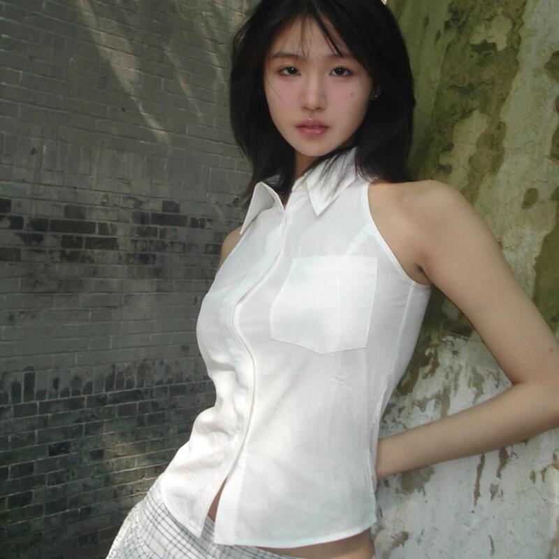 Summer New Style Sleeveless White Unique Off-Shoulder Shirt for Women, Stylish French Style Petite Age-Reducing Vest Top