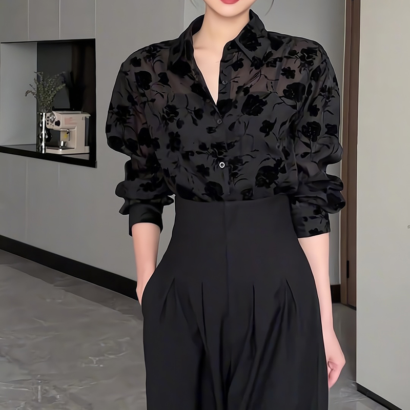 High-End Slightly Sheer Printed Black Shirt for Women, Spring Design, Niche Long-Sleeved Top, Loose and Unique Shirt, Trendy
