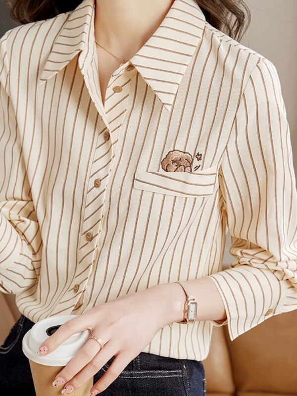 Striped Shirt for Women 2024 Spring New Korean Style College Style Embroidered Lapel Professional Shirt Long-Sleeved Chiffon Top Striped Shirt for Women 2024 Spring New Korean Style College Style Embroidered Lapel Professional Shirt Long-Sleeved Chiffon Top