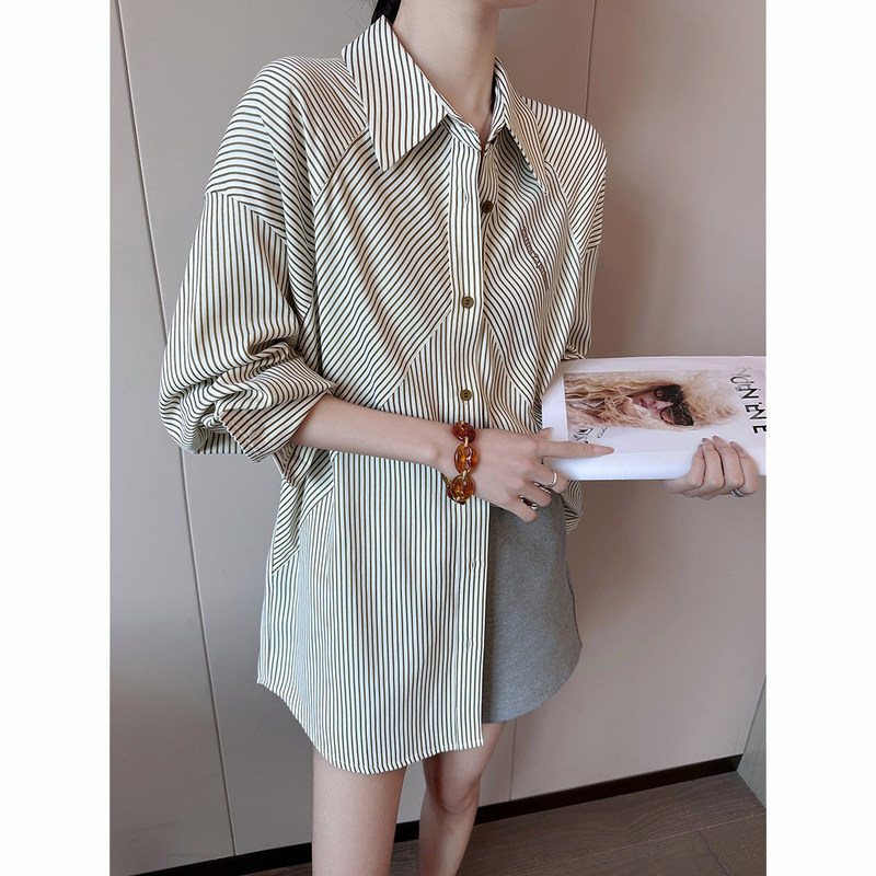 Green Striped Polo Collar Loose Long-Sleeved Shirt for Women Spring 2026 New Style Lazy Casual Top