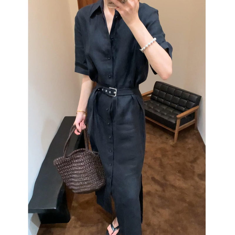 Light Mature Style Linen Shirt Dress for Women 2026 Summer Old Money Lazy Simple Workwear Versatile Cotton and Linen Waist-Cinching Long Dress Light Mature Style Linen Shirt Dress for Women 2026 Summer Old Money Lazy Simple Workwear Versatile Cotton and Linen Waist-Cinching Long Dress