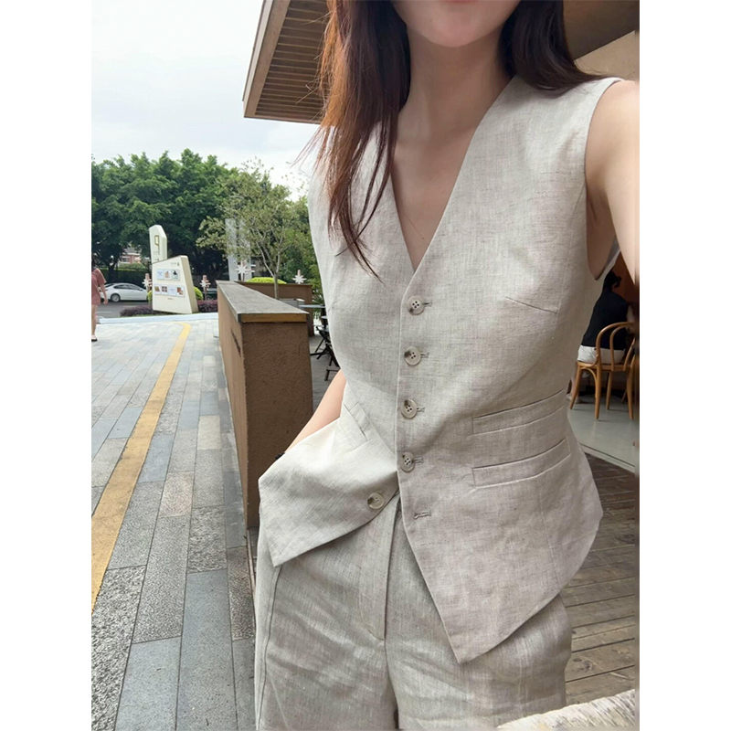 Raw Linen Vest Suit for Women 2026 Summer European Style Old Money Style Outfit Sleeveless Top Suit Cotton and Linen Two-Piece Set Raw Linen Vest Suit for Women 2026 Summer European Style Old Money Style Outfit Sleeveless Top Suit Cotton and Linen Two-Piece Set